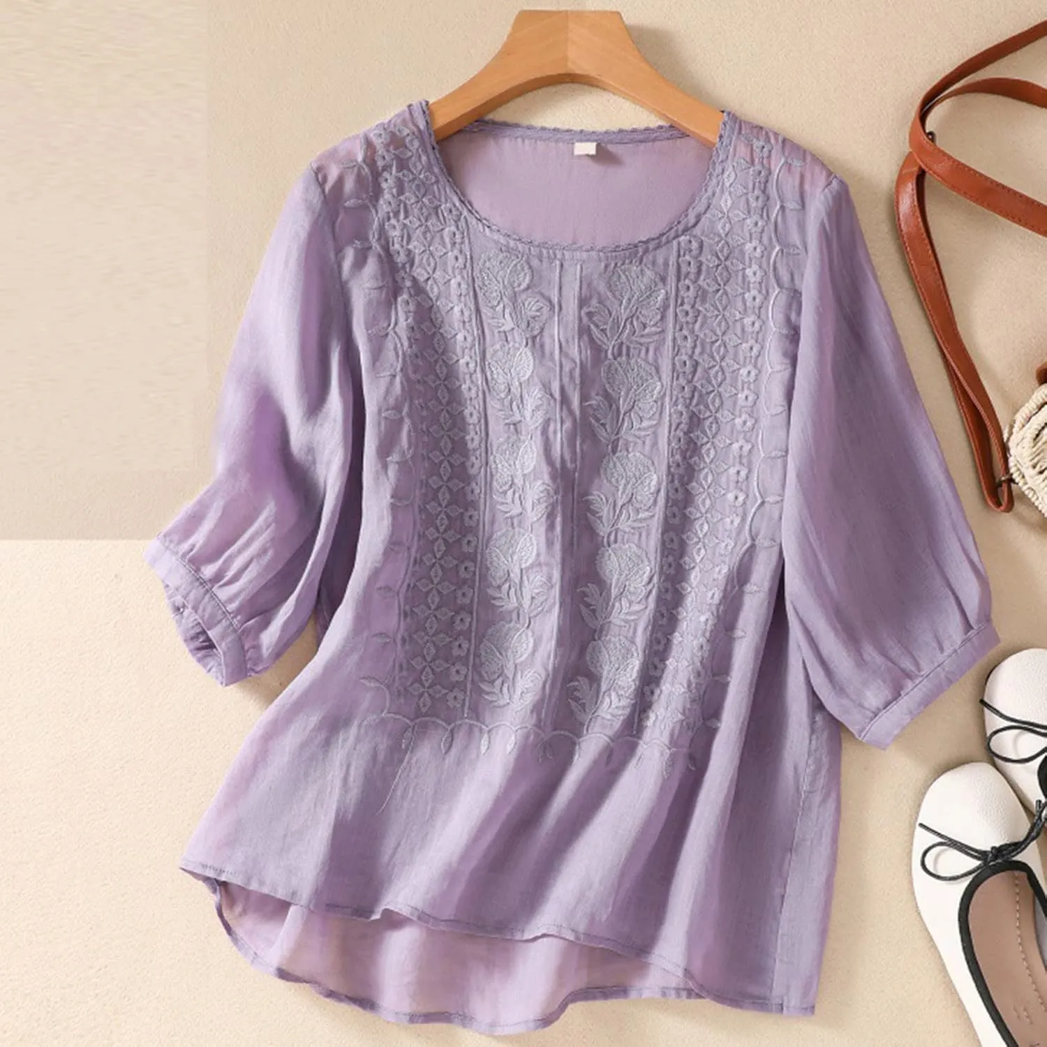 Embroidered Tees Cotton Linen Tops Women 2024 Fashion Crew Neck Boho Tshirts Loose Casual Tunics Summer Shirts
