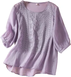 Embroidered Tees Cotton Linen Tops Women 2024 Fashion Crew Neck Boho Tshirts Loose Casual Tunics Summer Shirts