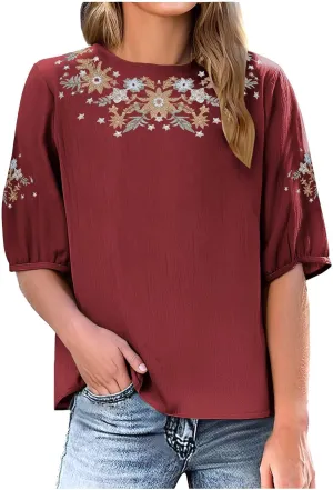 Embroidered Tops for Women Summer Vintage Cotton Linen T Shirt 2025 Summer Crew Neck Casual Loose Short Sleeve Blouse