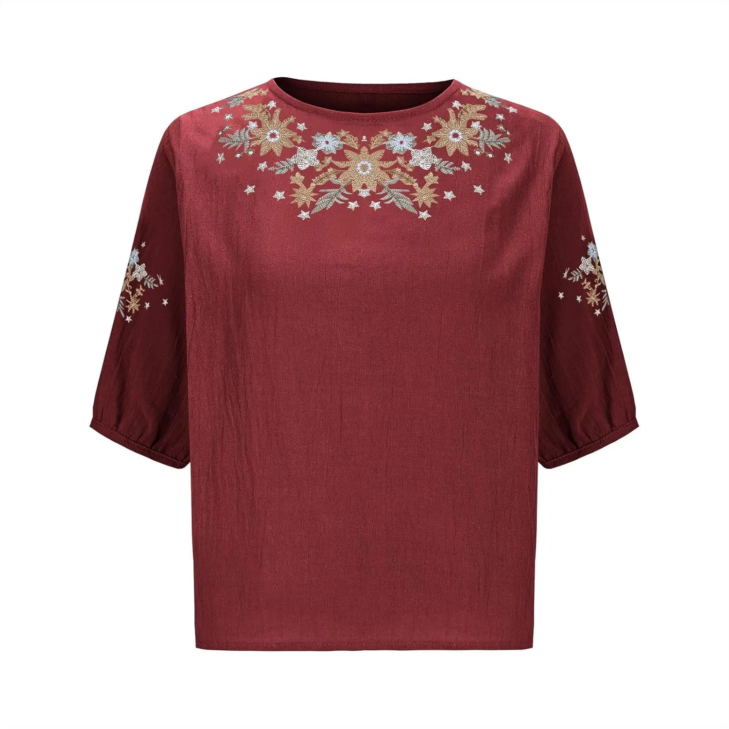 Embroidered Tops for Women Summer Vintage Cotton Linen T Shirt 2025 Summer Crew Neck Casual Loose Short Sleeve Blouse