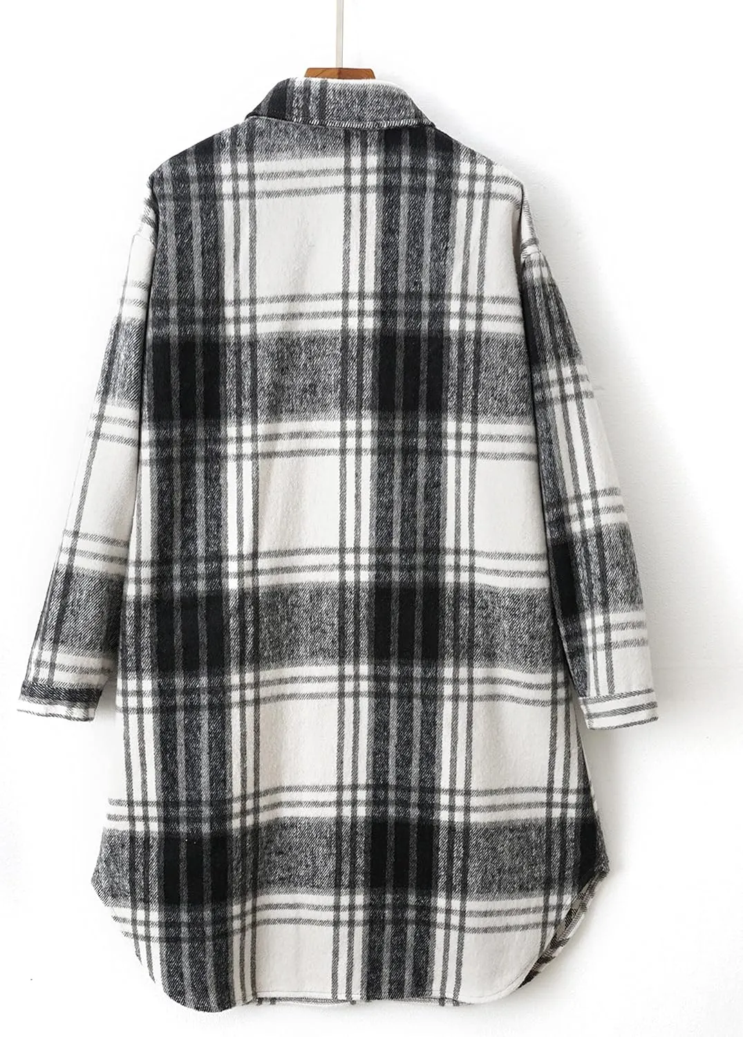Esmeling Womens Plaid Shacket Brushed Flannel Shirt Jacket Mid Long Wool Blend Tartan Coat