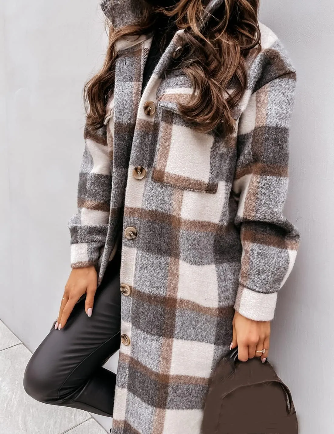 Esmeling Womens Plaid Shacket Brushed Flannel Shirt Jacket Mid Long Wool Blend Tartan Coat