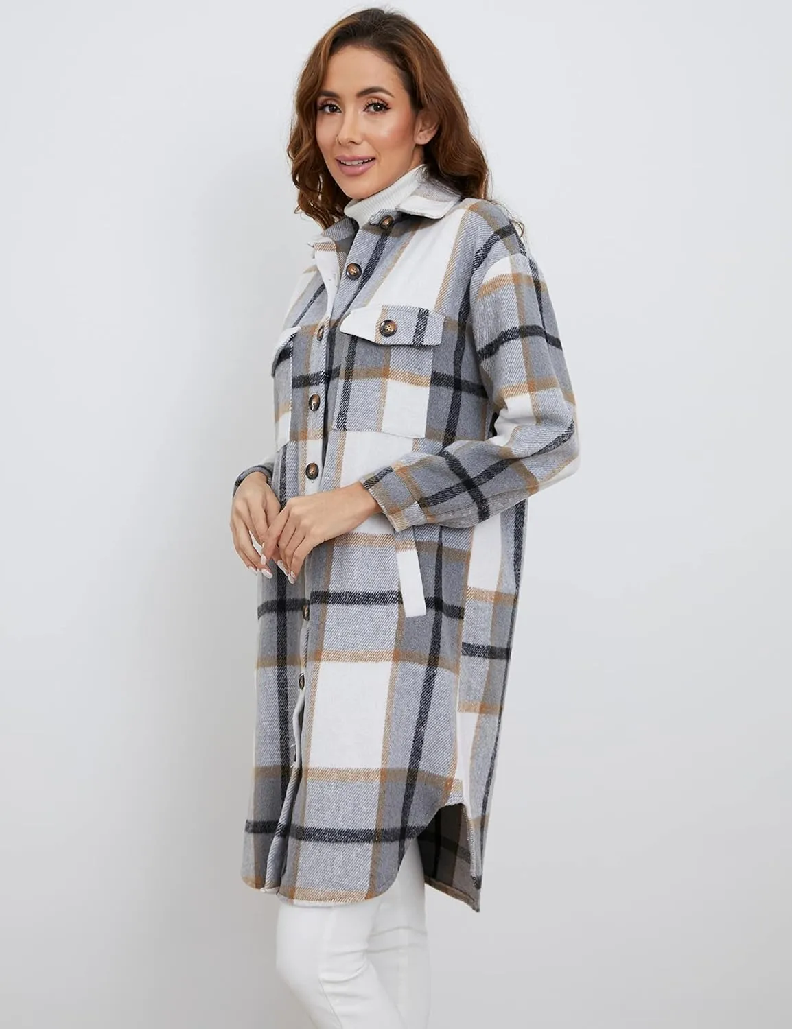 Esmeling Womens Plaid Shacket Brushed Flannel Shirt Jacket Mid Long Wool Blend Tartan Coat