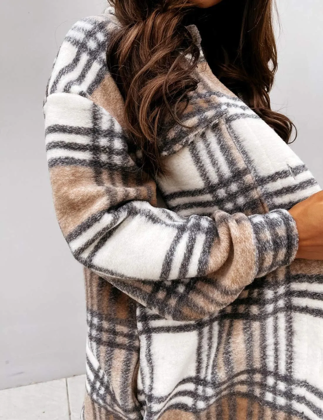 Esmeling Womens Plaid Shacket Brushed Flannel Shirt Jacket Mid Long Wool Blend Tartan Coat