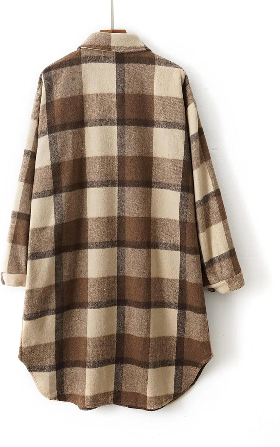 Esmeling Womens Plaid Shacket Brushed Flannel Shirt Jacket Mid Long Wool Blend Tartan Coat