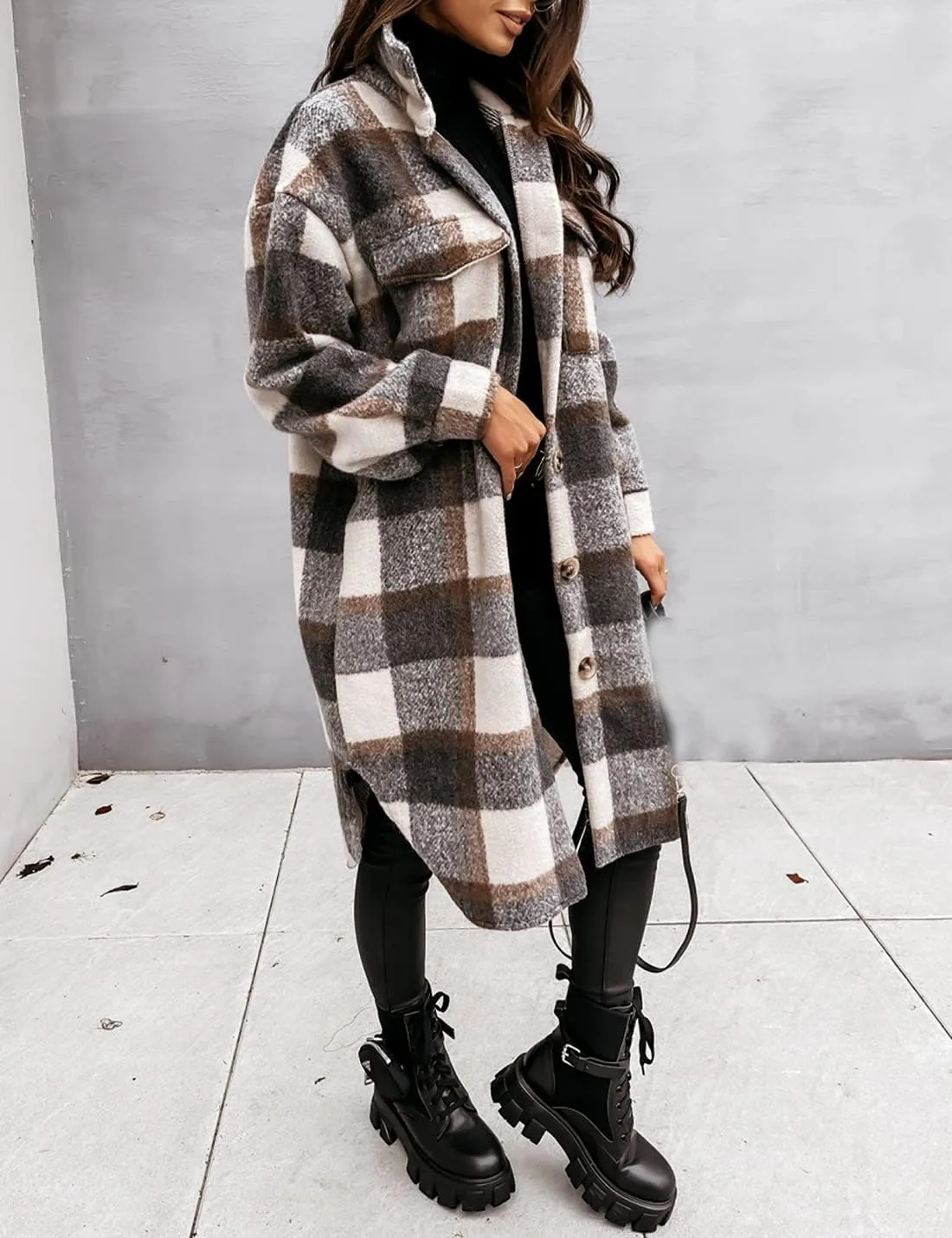 Esmeling Womens Plaid Shacket Brushed Flannel Shirt Jacket Mid Long Wool Blend Tartan Coat
