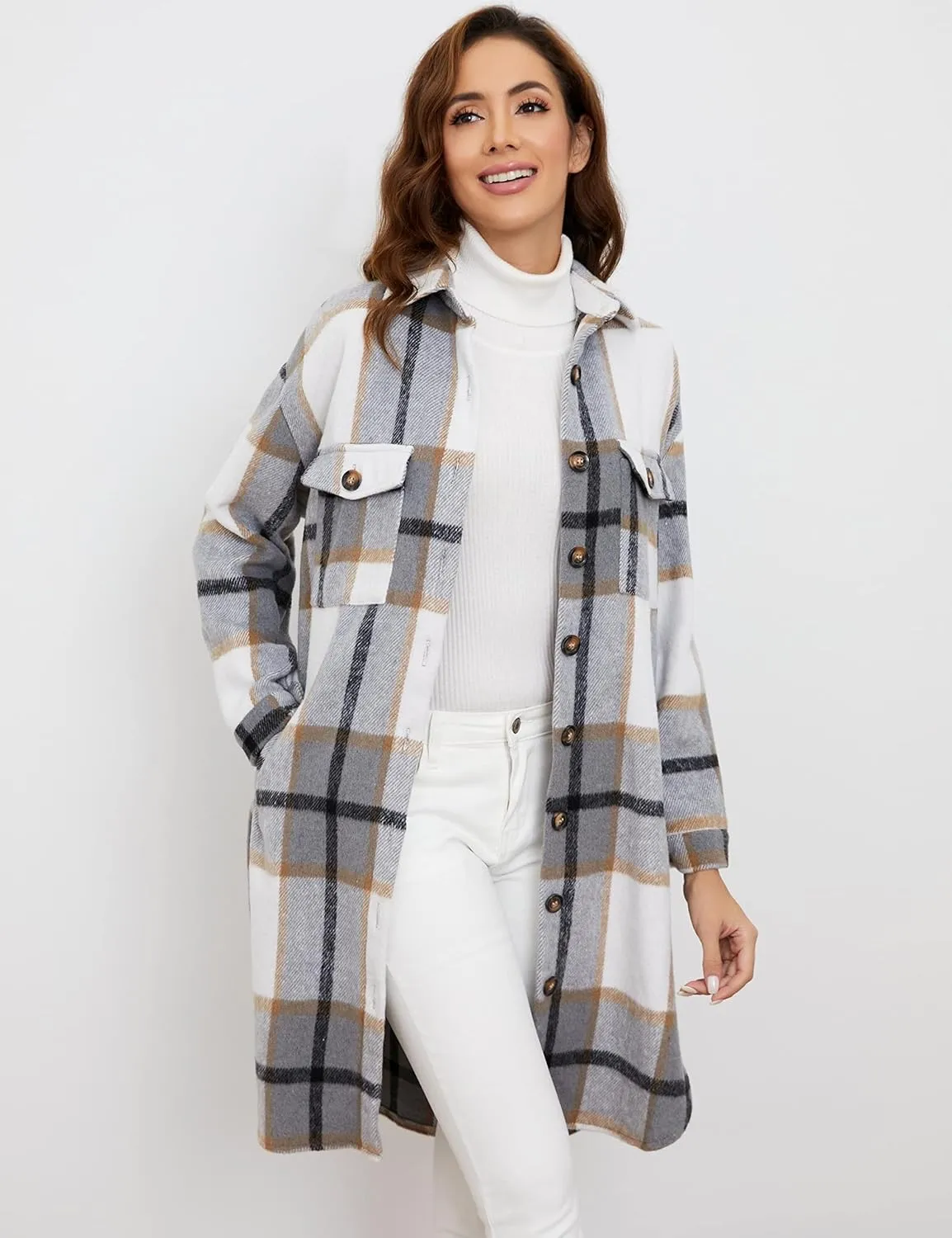 Esmeling Womens Plaid Shacket Brushed Flannel Shirt Jacket Mid Long Wool Blend Tartan Coat