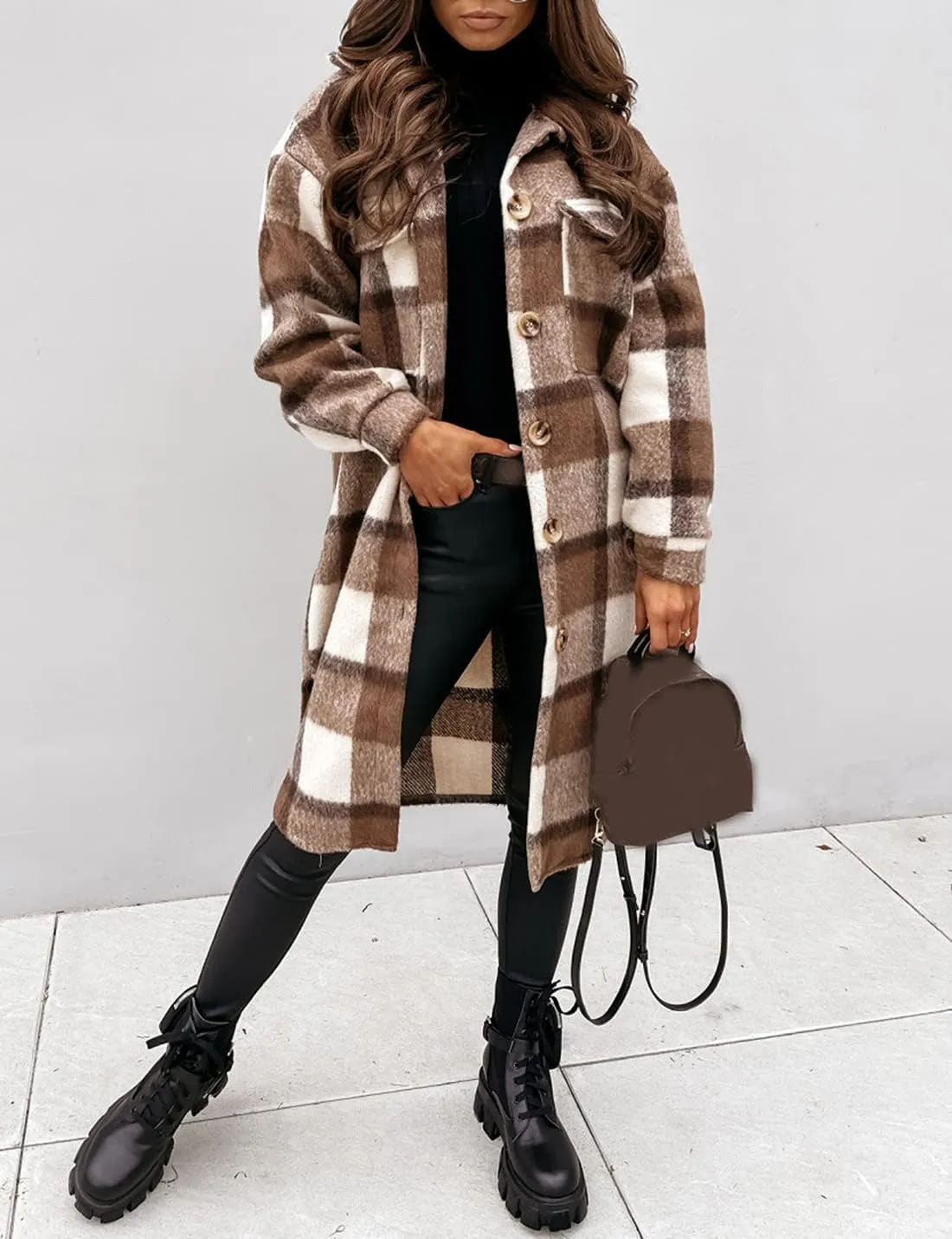 Esmeling Womens Plaid Shacket Brushed Flannel Shirt Jacket Mid Long Wool Blend Tartan Coat