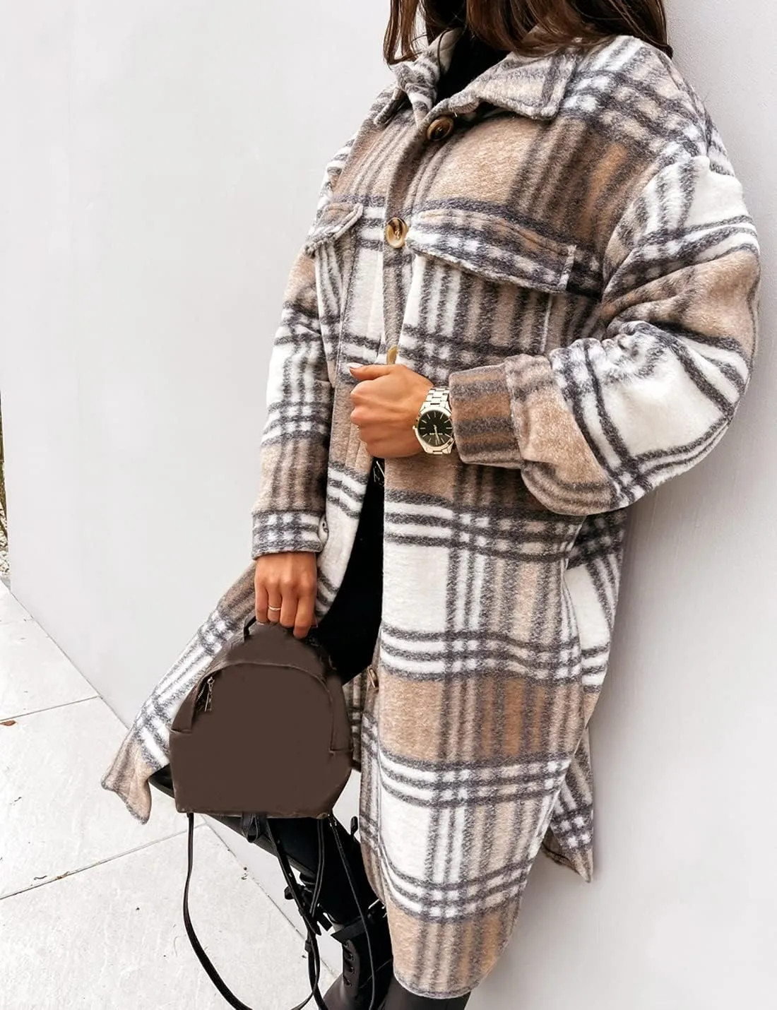 Esmeling Womens Plaid Shacket Brushed Flannel Shirt Jacket Mid Long Wool Blend Tartan Coat