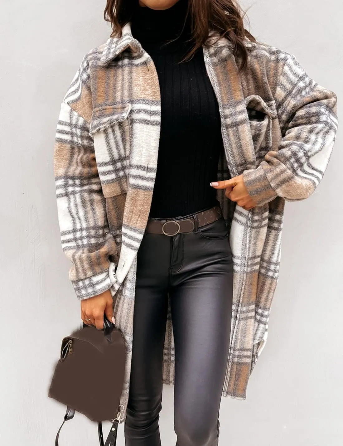 Esmeling Womens Plaid Shacket Brushed Flannel Shirt Jacket Mid Long Wool Blend Tartan Coat