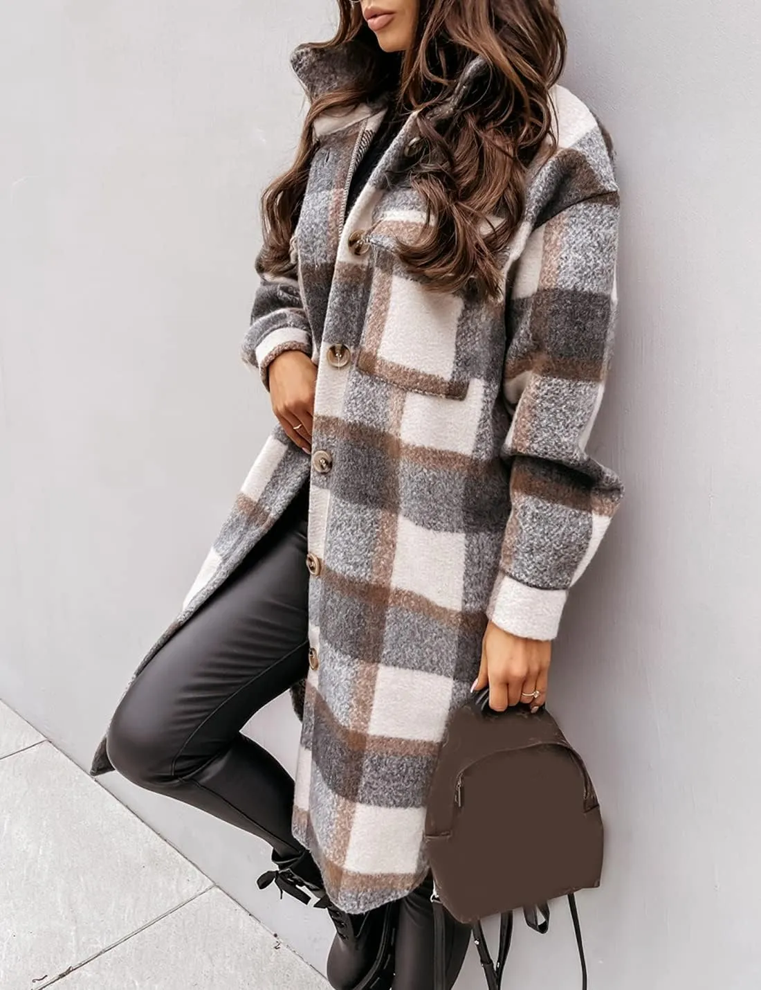 Esmeling Womens Plaid Shacket Brushed Flannel Shirt Jacket Mid Long Wool Blend Tartan Coat