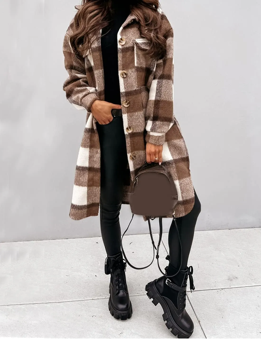 Esmeling Womens Plaid Shacket Brushed Flannel Shirt Jacket Mid Long Wool Blend Tartan Coat