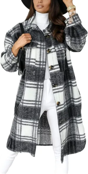 Esmeling Womens Plaid Shacket Brushed Flannel Shirt Jacket Mid Long Wool Blend Tartan Coat