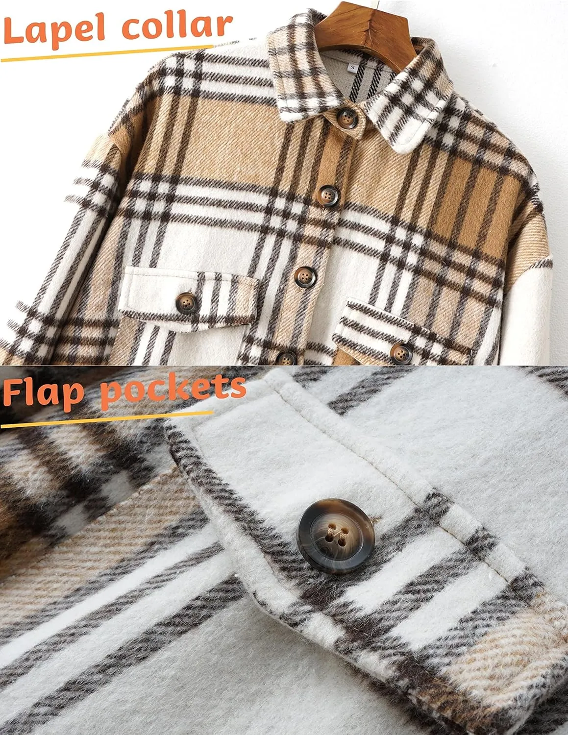 Esmeling Womens Plaid Shacket Brushed Flannel Shirt Jacket Mid Long Wool Blend Tartan Coat