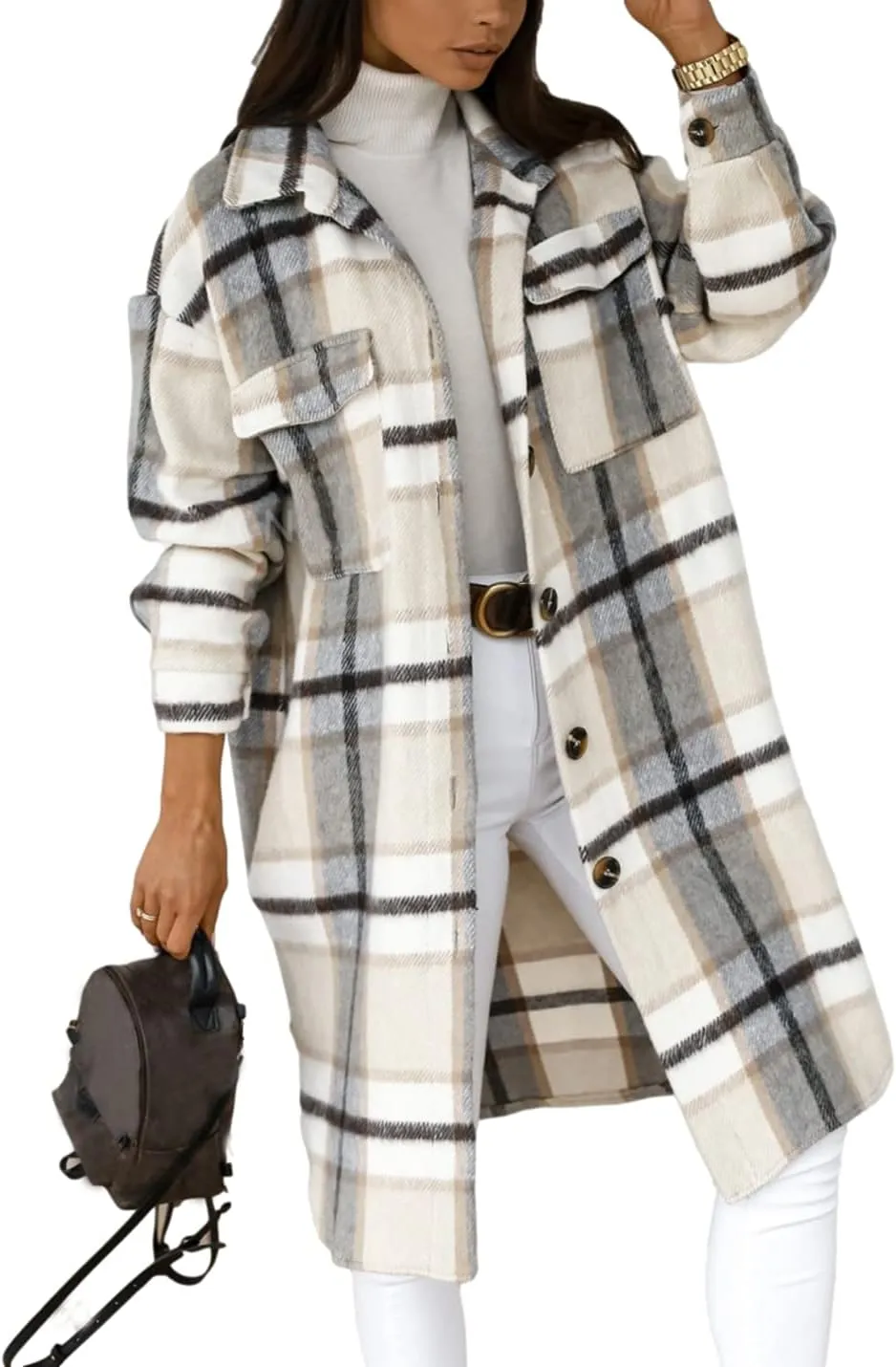 Esmeling Womens Plaid Shacket Brushed Flannel Shirt Jacket Mid Long Wool Blend Tartan Coat