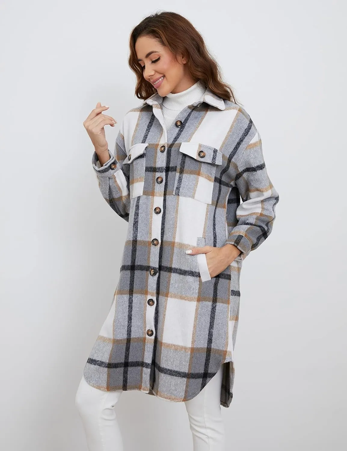 Esmeling Womens Plaid Shacket Brushed Flannel Shirt Jacket Mid Long Wool Blend Tartan Coat