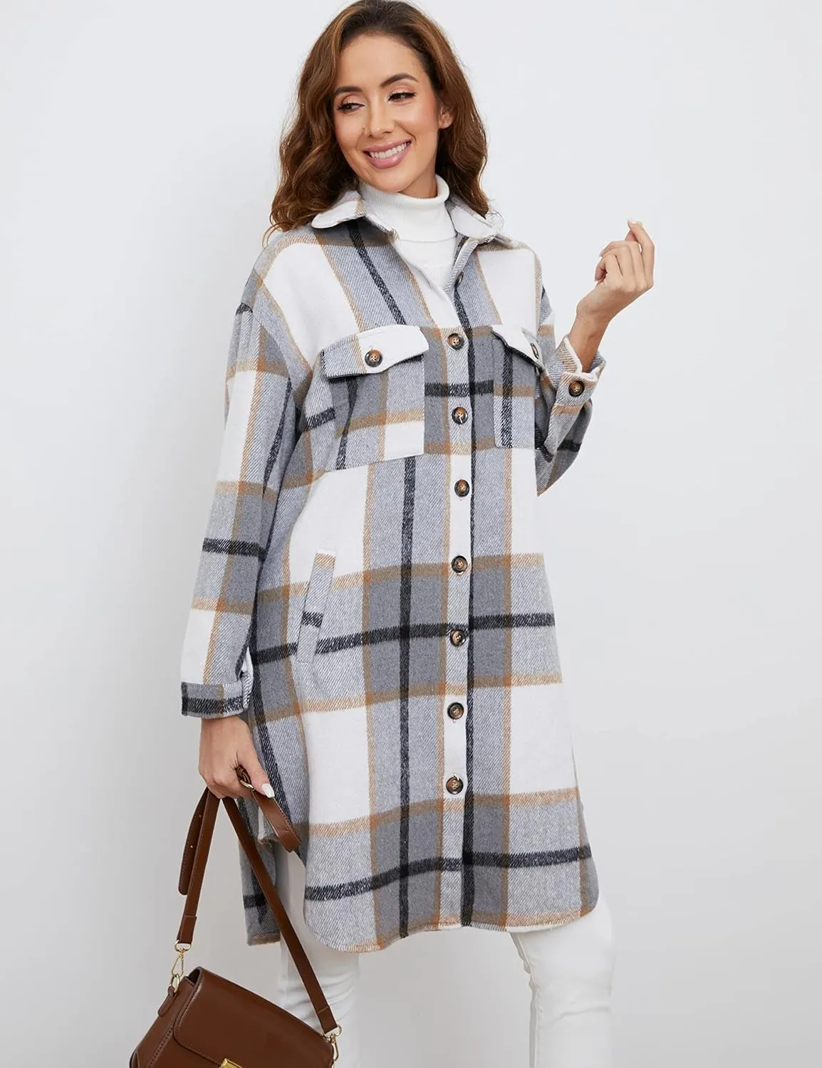 Esmeling Womens Plaid Shacket Brushed Flannel Shirt Jacket Mid Long Wool Blend Tartan Coat
