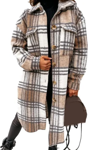 Esmeling Womens Plaid Shacket Brushed Flannel Shirt Jacket Mid Long Wool Blend Tartan Coat