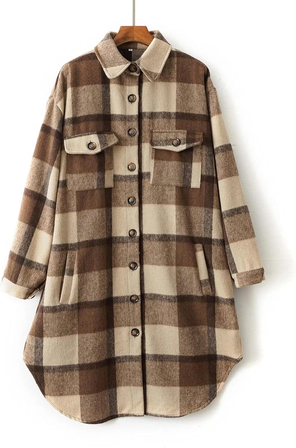 Esmeling Womens Plaid Shacket Brushed Flannel Shirt Jacket Mid Long Wool Blend Tartan Coat