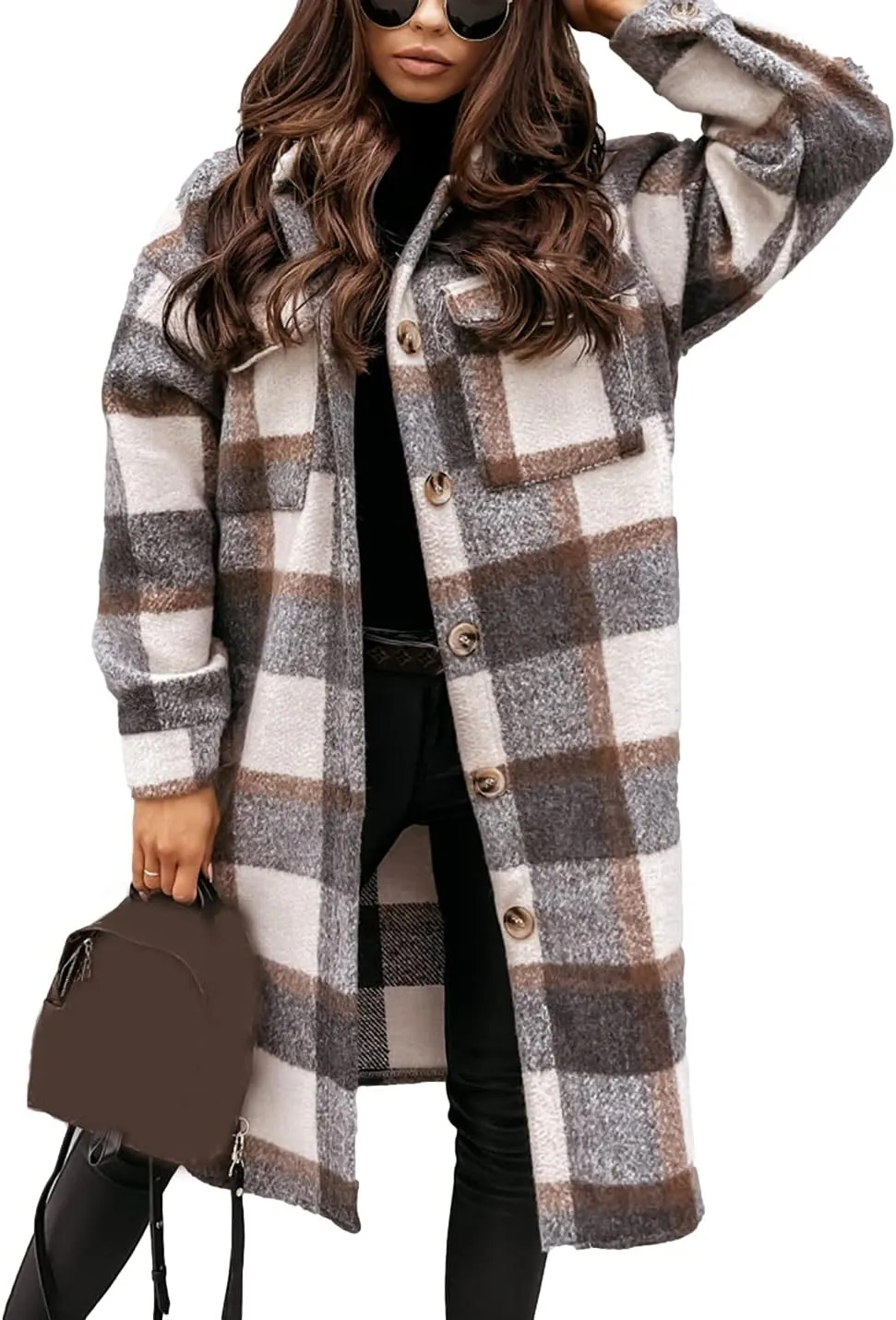Esmeling Womens Plaid Shacket Brushed Flannel Shirt Jacket Mid Long Wool Blend Tartan Coat