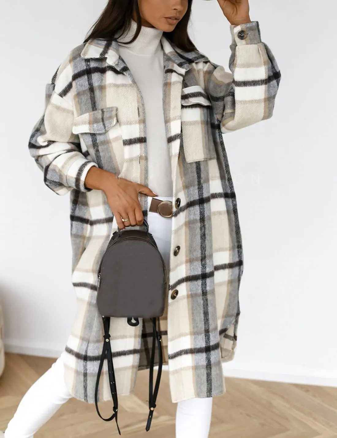 Esmeling Womens Plaid Shacket Brushed Flannel Shirt Jacket Mid Long Wool Blend Tartan Coat