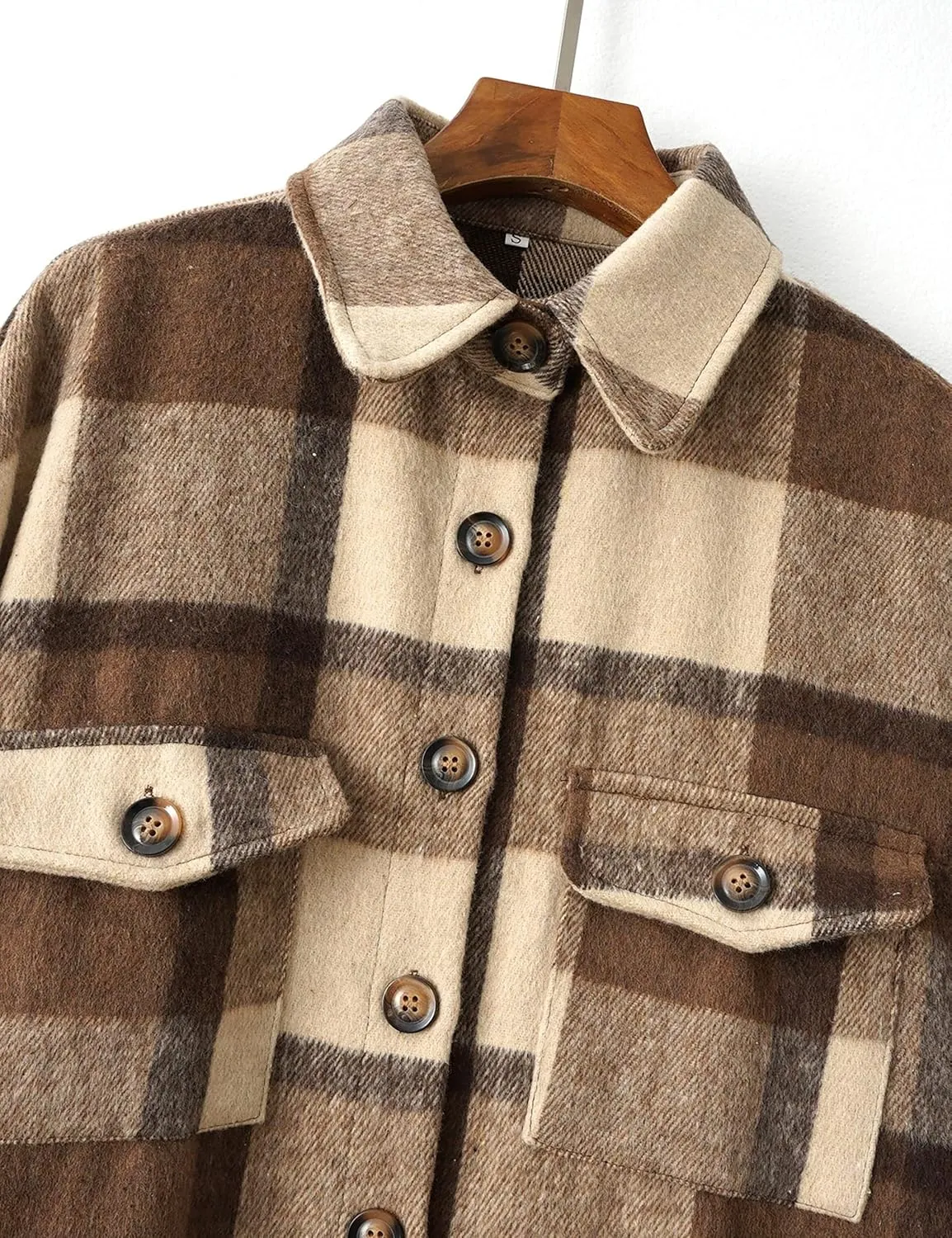 Esmeling Womens Plaid Shacket Brushed Flannel Shirt Jacket Mid Long Wool Blend Tartan Coat
