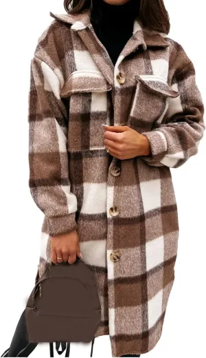 Esmeling Womens Plaid Shacket Brushed Flannel Shirt Jacket Mid Long Wool Blend Tartan Coat
