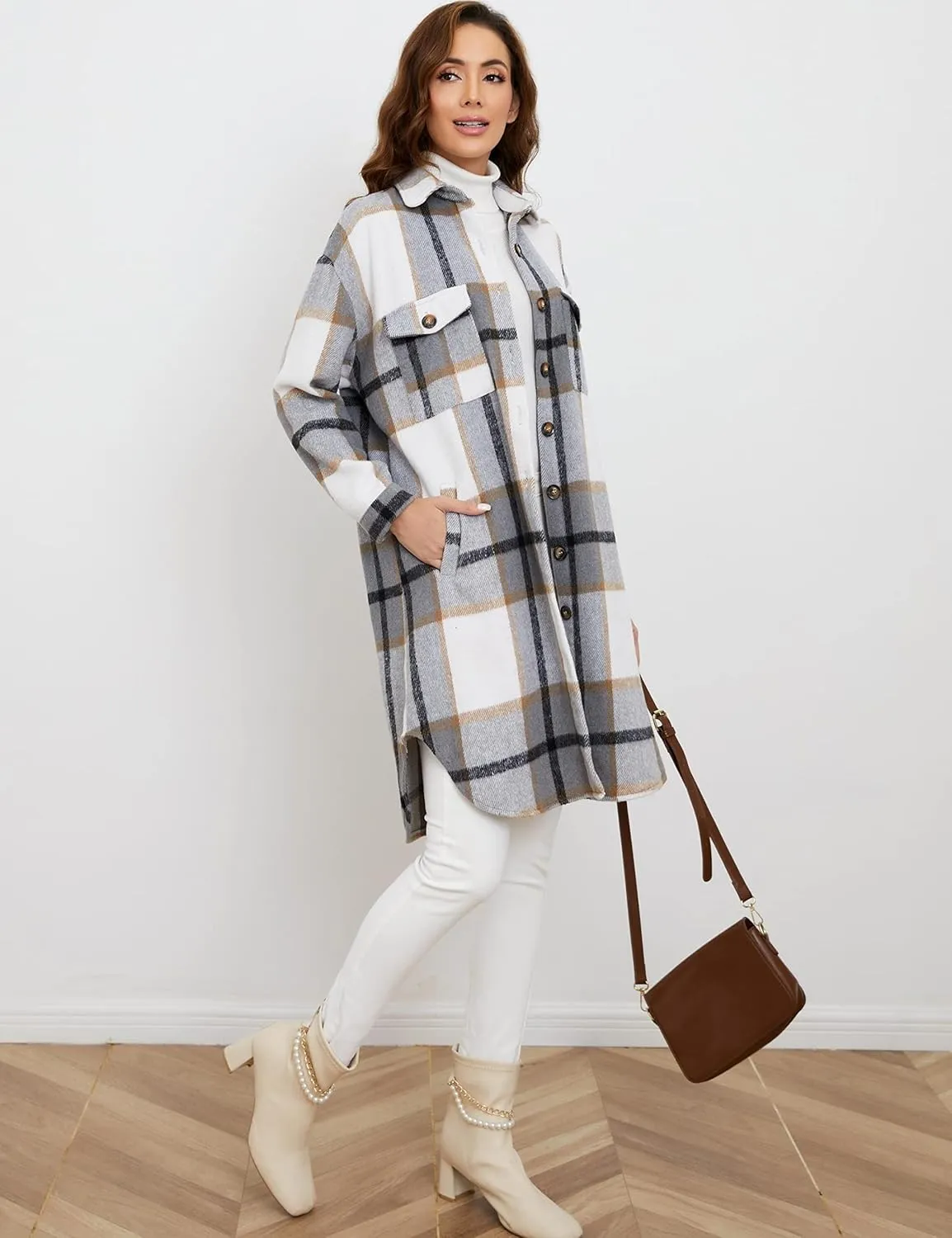 Esmeling Womens Plaid Shacket Brushed Flannel Shirt Jacket Mid Long Wool Blend Tartan Coat