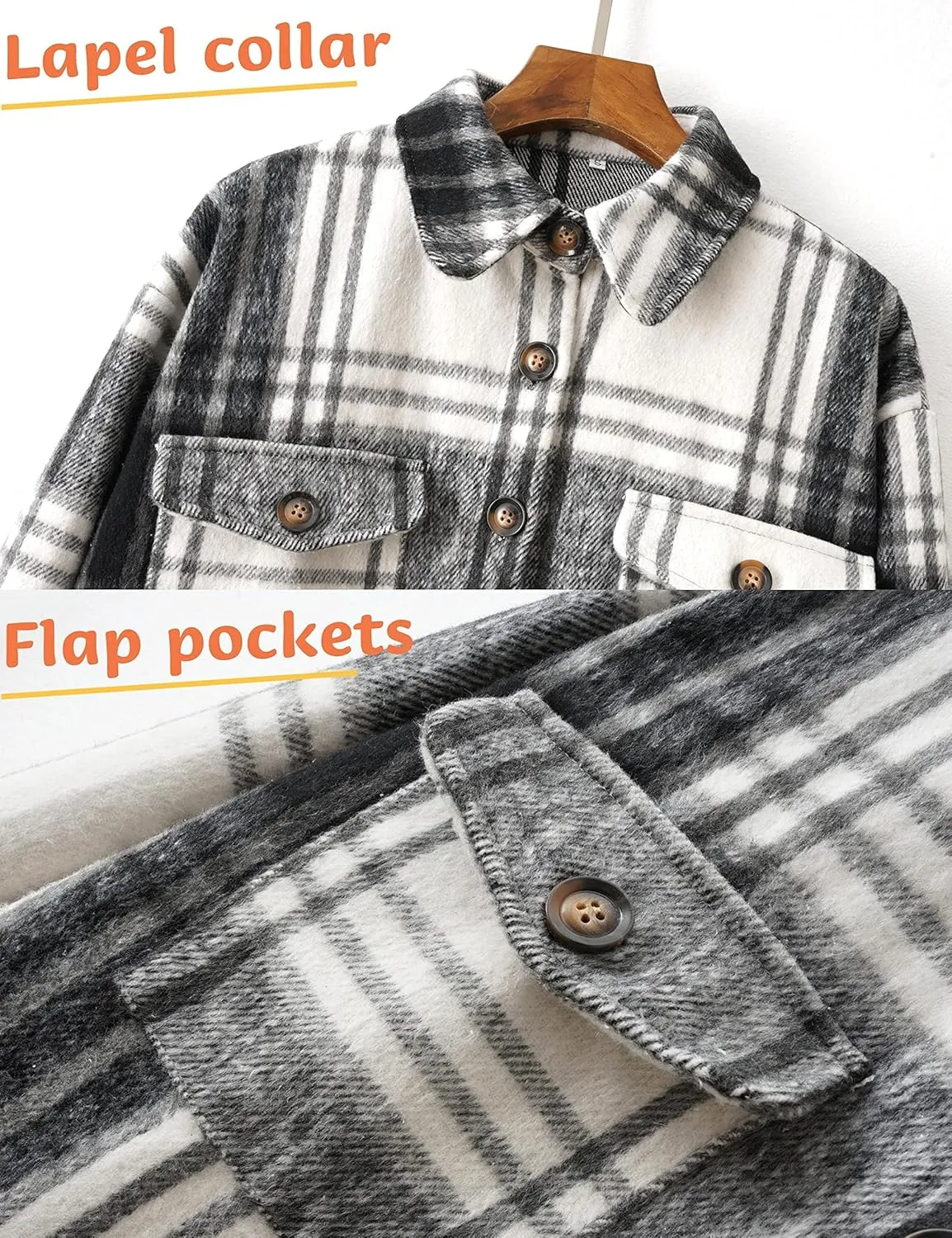 Esmeling Womens Plaid Shacket Brushed Flannel Shirt Jacket Mid Long Wool Blend Tartan Coat