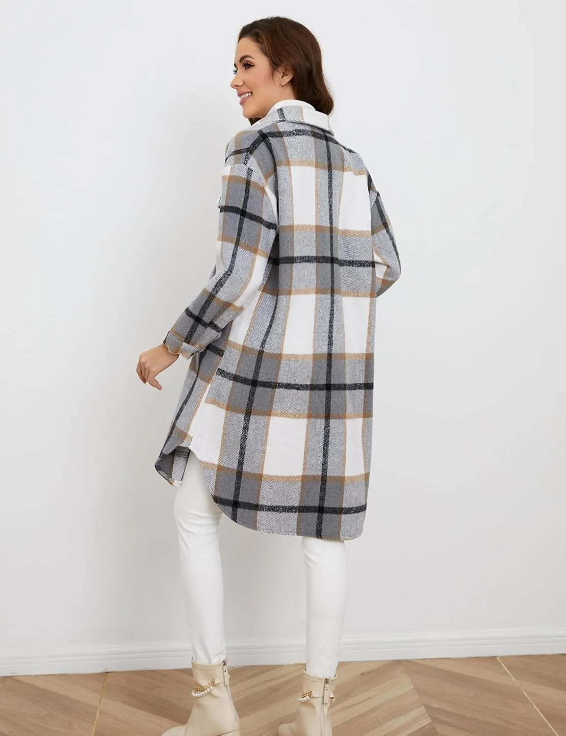 Esmeling Womens Plaid Shacket Brushed Flannel Shirt Jacket Mid Long Wool Blend Tartan Coat