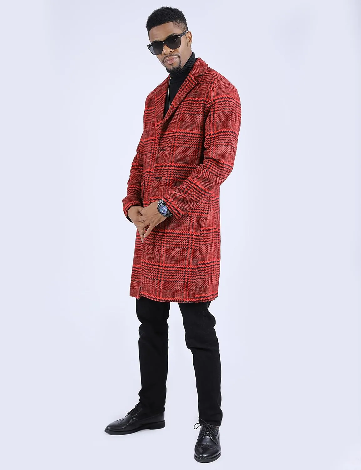 Faleave Men's Trench Coat Plaid Wool Blend Notch Lapel Single Breasted Mid Long Peacoat