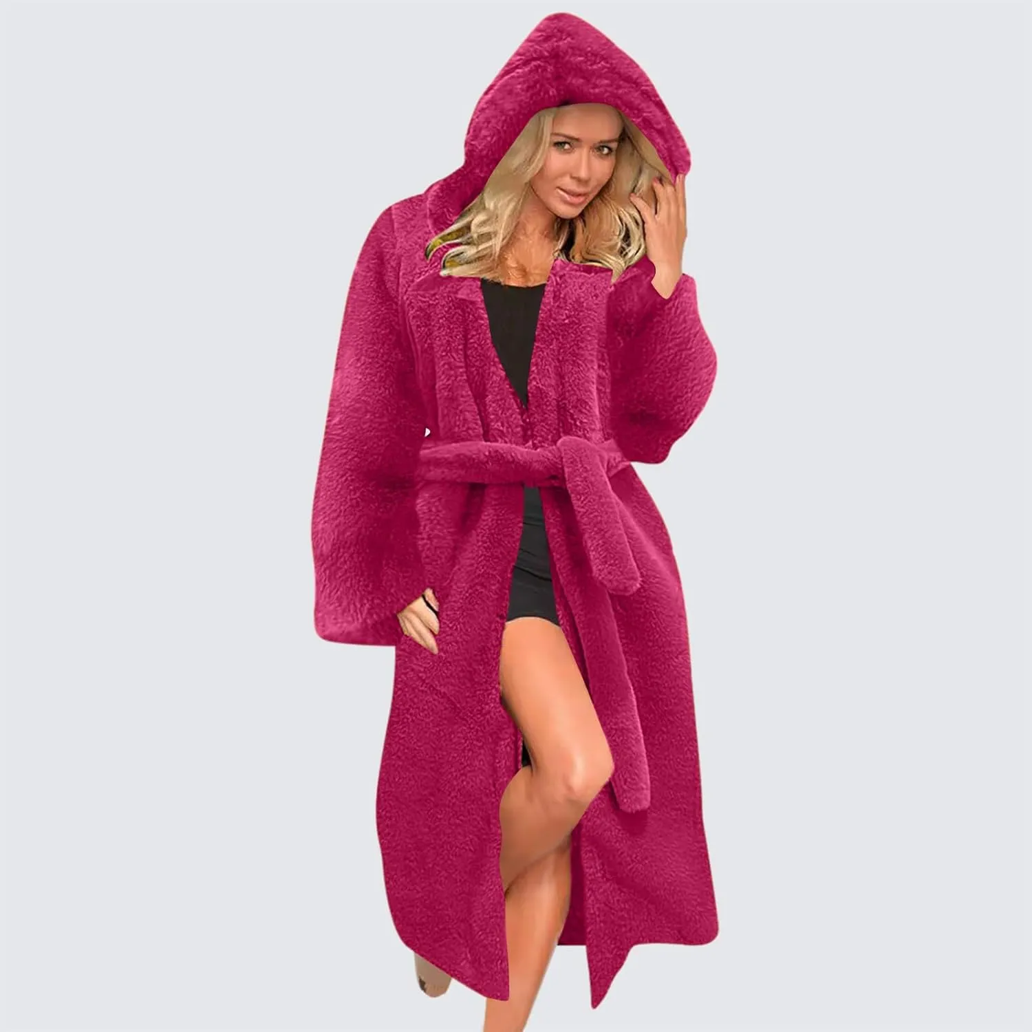 Faux Fur Coats for Women Fuzzy Fleece Lined Open Front Hooded Jacket Long Sleeve Warm Winter Parka Coat Sleepwear with Belt