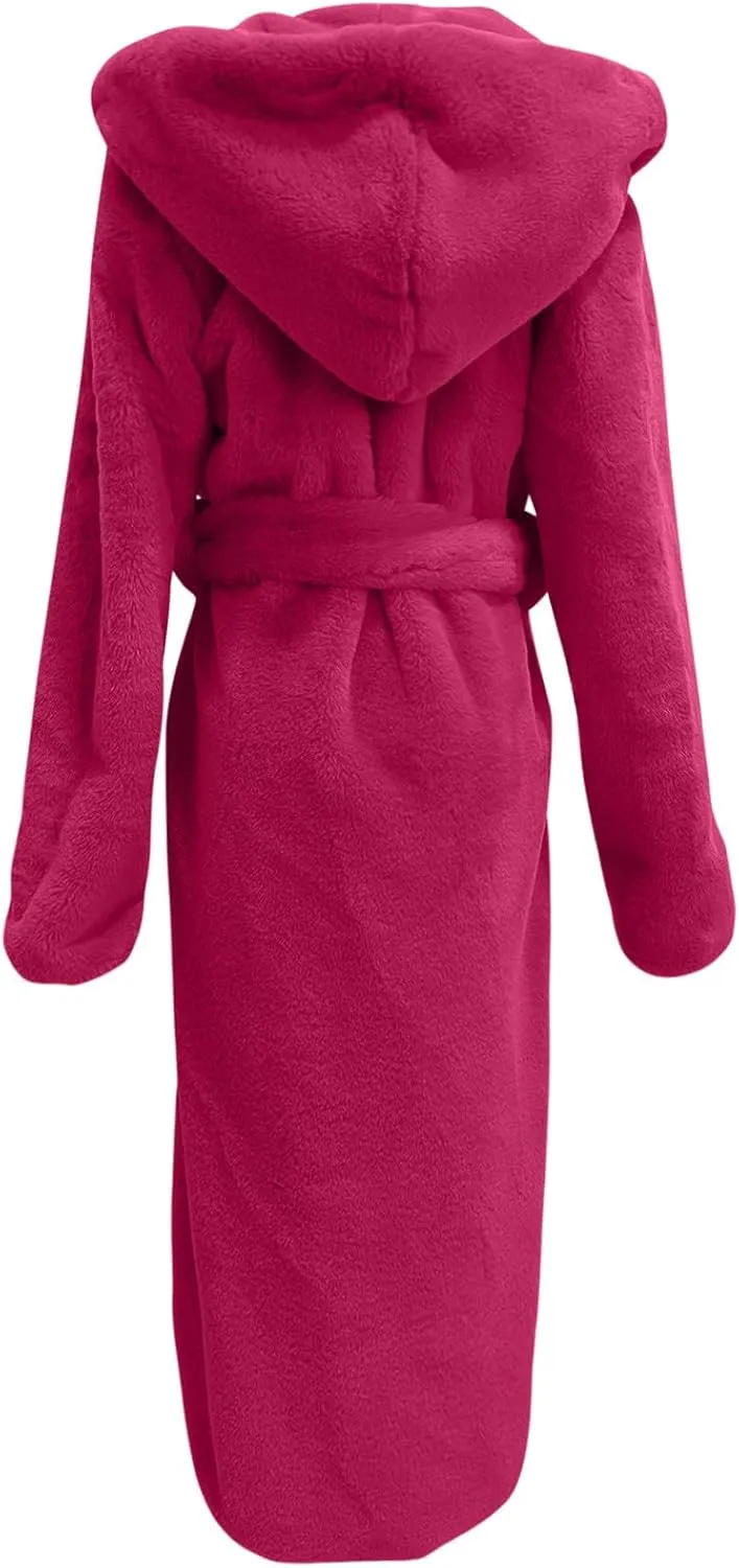 Faux Fur Coats for Women Fuzzy Fleece Lined Open Front Hooded Jacket Long Sleeve Warm Winter Parka Coat Sleepwear with Belt