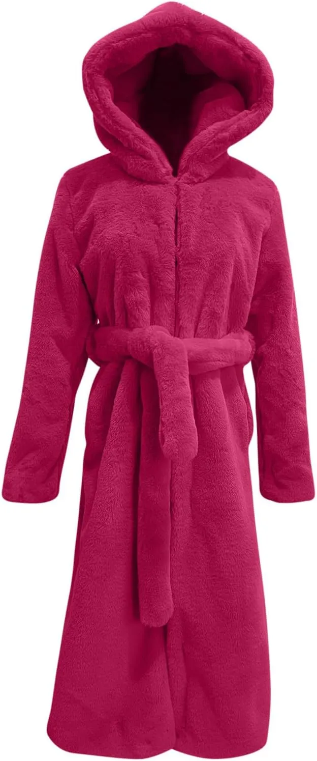 Faux Fur Coats for Women Fuzzy Fleece Lined Open Front Hooded Jacket Long Sleeve Warm Winter Parka Coat Sleepwear with Belt