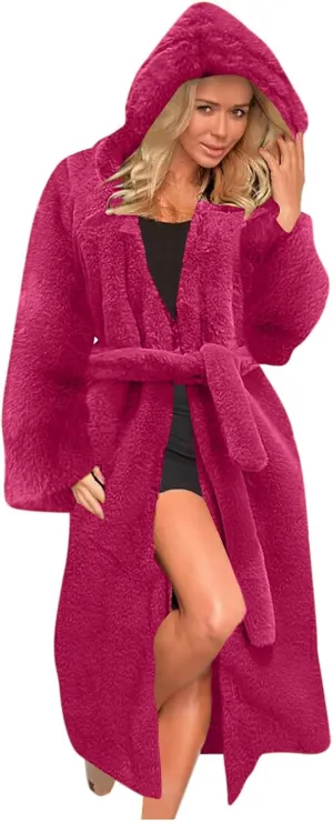 Faux Fur Coats for Women Fuzzy Fleece Lined Open Front Hooded Jacket Long Sleeve Warm Winter Parka Coat Sleepwear with Belt