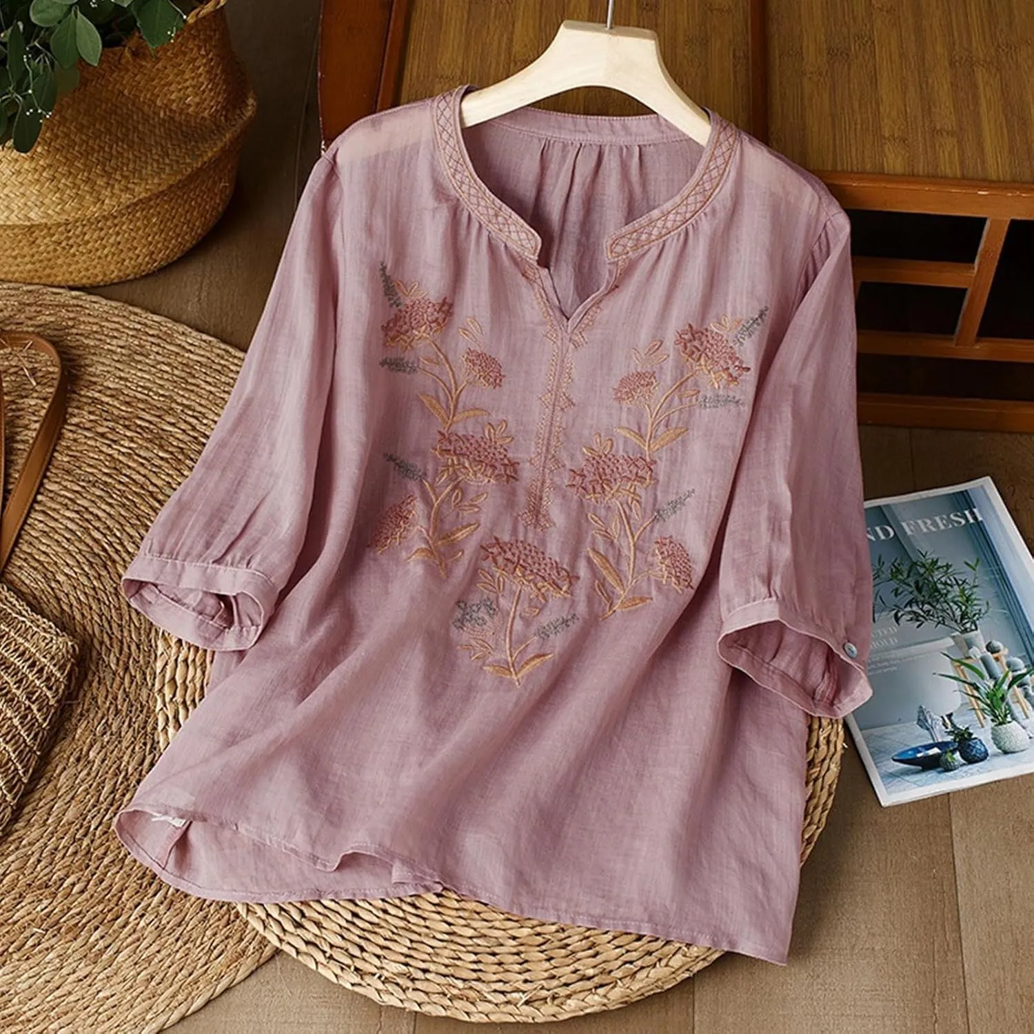 Floral Embroidery Cotton Linen Shirts Women Short Sleeve V Neck Peasant Tops Boho Ethnic Style Blouses Beach Tshirts