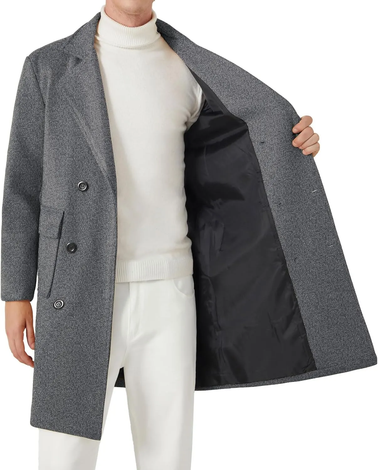 FTIMILD Mens Wool Blend Pea Coat Warm Winter Trench Coat Notched Lapel Double Breasted Overcoat