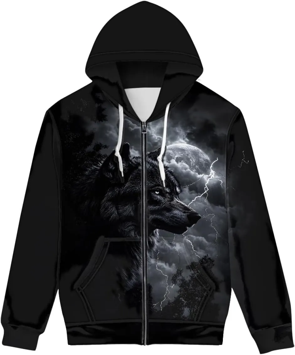 GLUDEAR Men Cool Wolf 3D Digital Print Full Zip Up Hoodie Jackets Pullover Hooded Sweatshirt