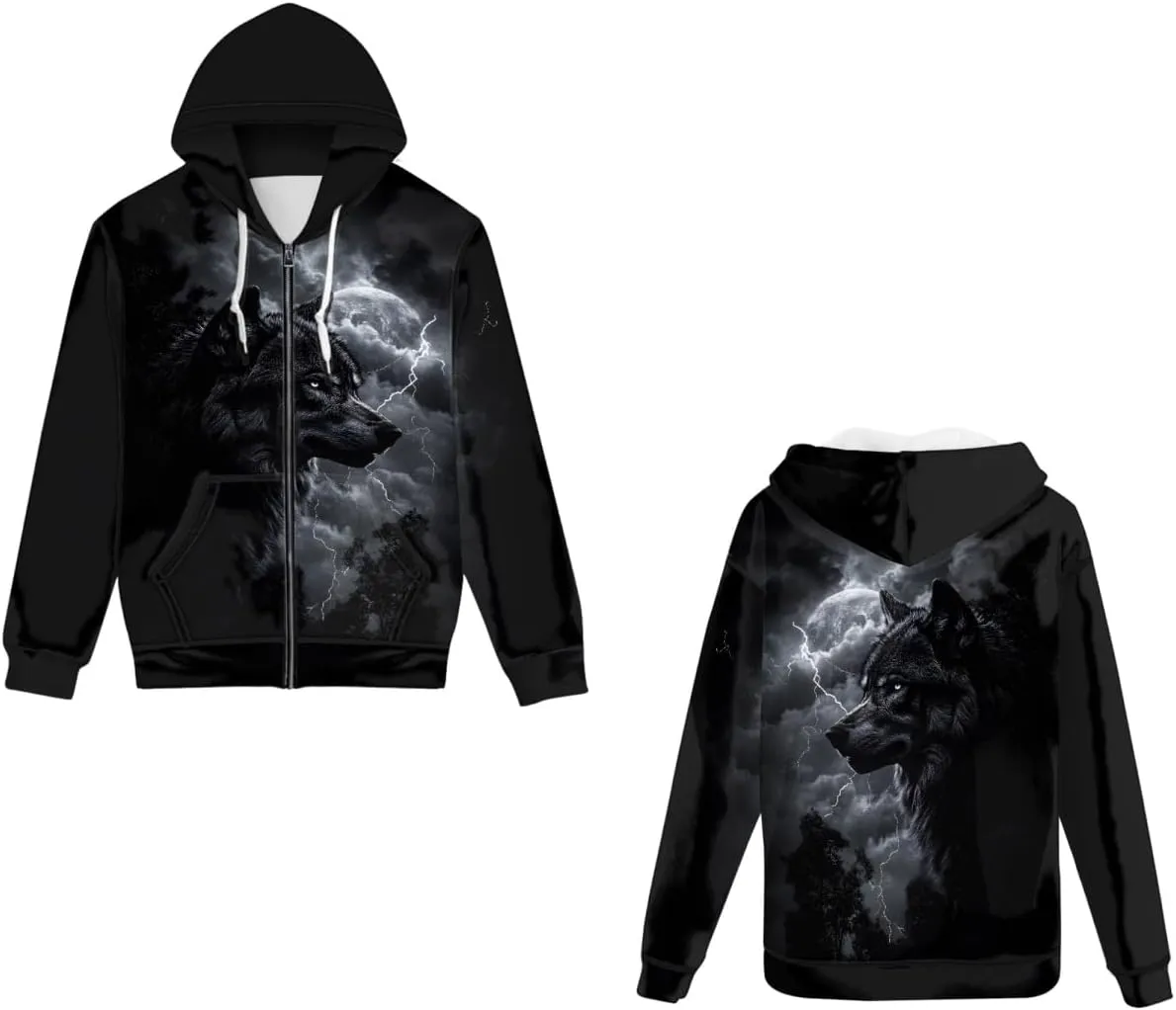GLUDEAR Men Cool Wolf 3D Digital Print Full Zip Up Hoodie Jackets Pullover Hooded Sweatshirt