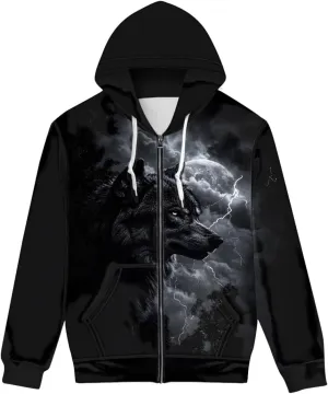 GLUDEAR Men Cool Wolf 3D Digital Print Full Zip Up Hoodie Jackets Pullover Hooded Sweatshirt