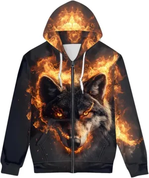 GLUDEAR Men Cool Wolf 3D Digital Print Full Zip Up Hoodie Jackets Pullover Hooded Sweatshirt