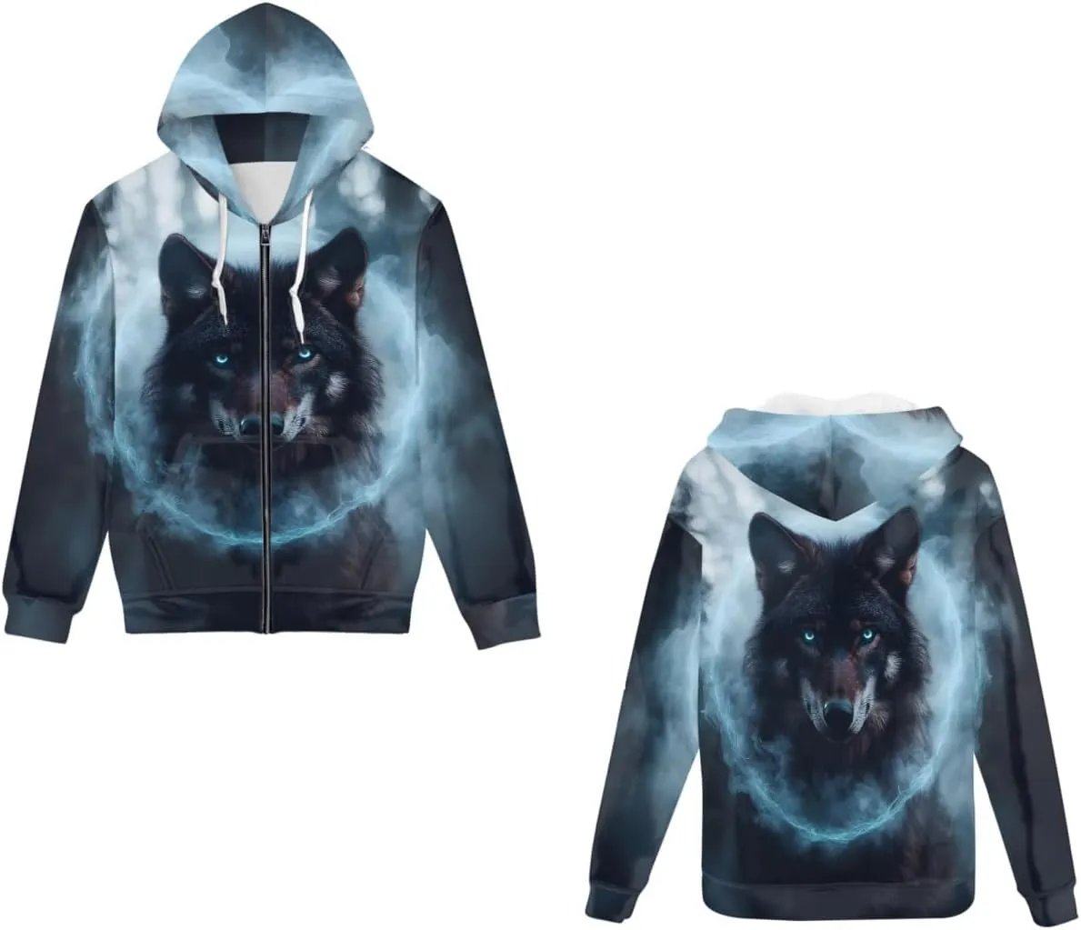 GLUDEAR Men Cool Wolf 3D Digital Print Full Zip Up Hoodie Jackets Pullover Hooded Sweatshirt