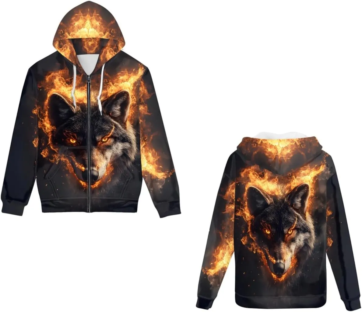 GLUDEAR Men Cool Wolf 3D Digital Print Full Zip Up Hoodie Jackets Pullover Hooded Sweatshirt