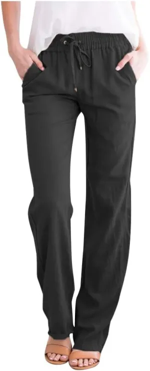 GOKKILRW Womens Cotton Linen Pants Casual Straight Leg Drawstring Elastic High Waist Loose Fit Comfy Long Pants with Pockets