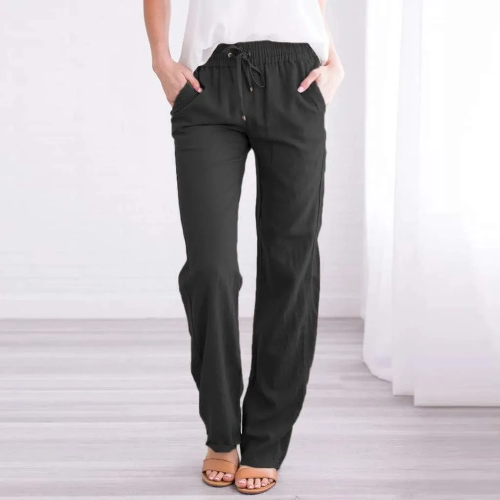 GOKKILRW Womens Cotton Linen Pants Casual Straight Leg Drawstring Elastic High Waist Loose Fit Comfy Long Pants with Pockets