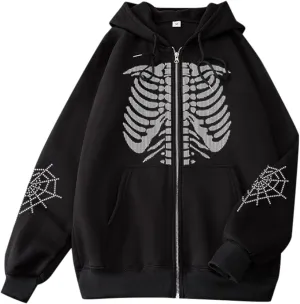 Halloween Mens Zip Up Hoodie Skeleton Graphic Print Oversized Long Sleeve Jacket Teens Preppy Loose Casual Pullover