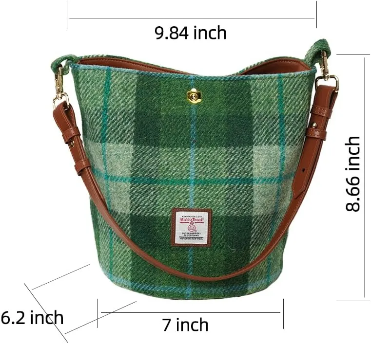 Harris Tweed Bucket Bag Shoulder Bag Handbag for Women with Leather Strap 9.4 x 7 inch * 8.2 inch