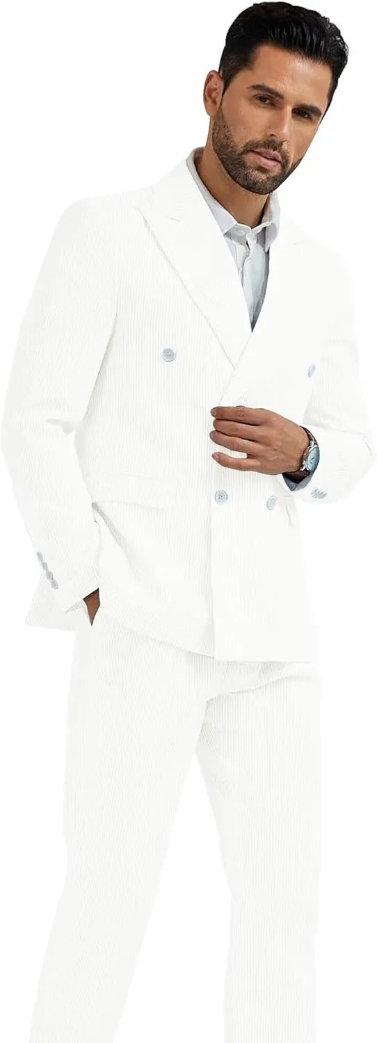 High-End Suits Men's Striped Seersucker Suits 2 Piece Slim Fit Wedding Double Breasted Tuxedo Summer Beach Suits Sets