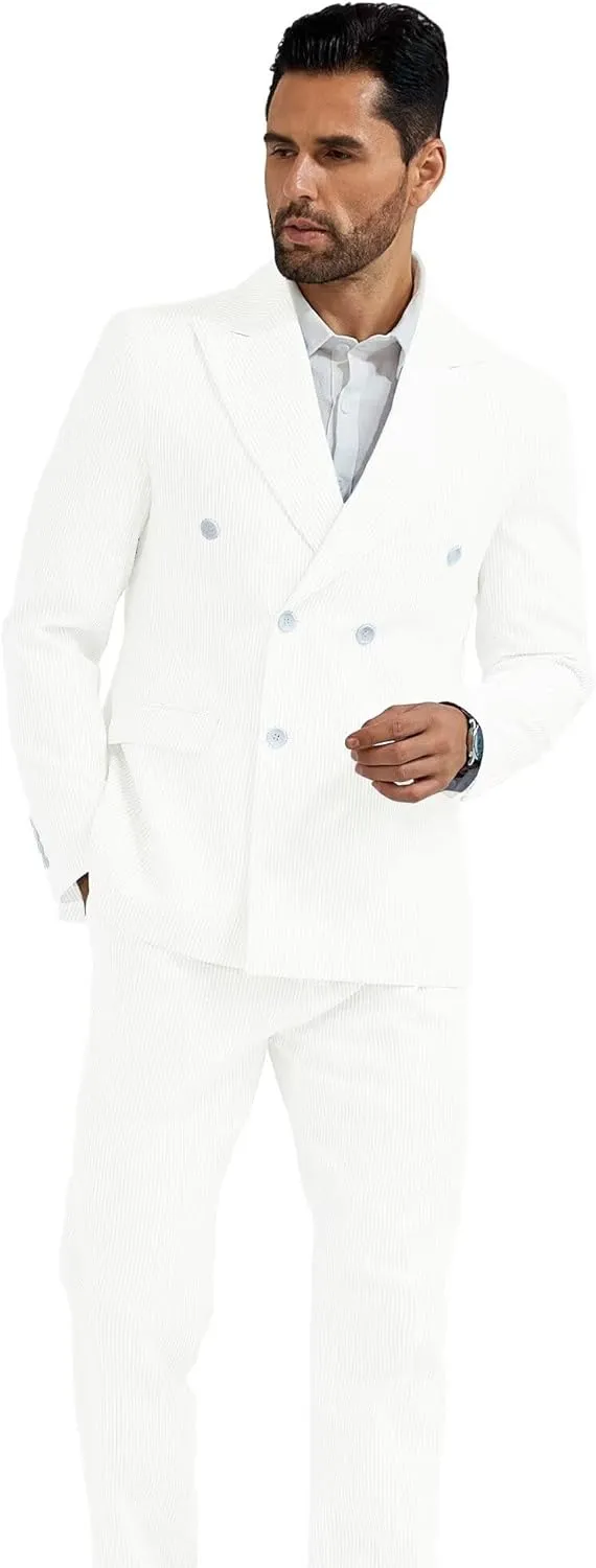 High-End Suits Men's Striped Seersucker Suits 2 Piece Slim Fit Wedding Double Breasted Tuxedo Summer Beach Suits Sets