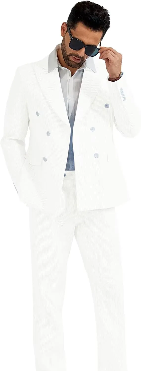 High-End Suits Men's Striped Seersucker Suits 2 Piece Slim Fit Wedding Double Breasted Tuxedo Summer Beach Suits Sets